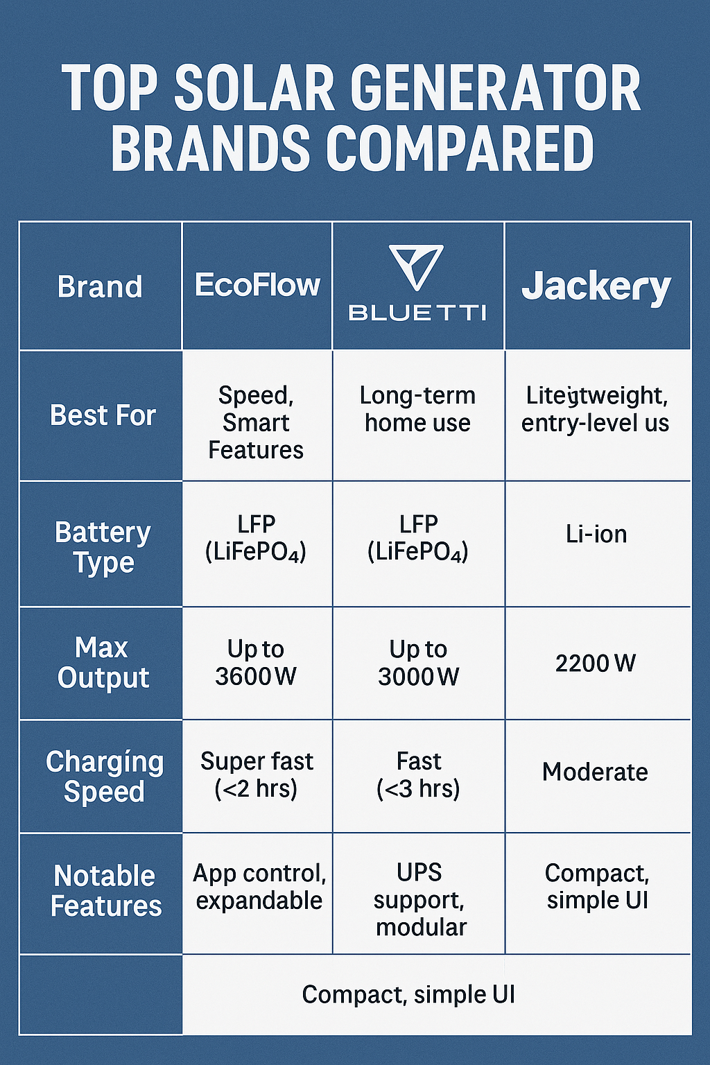 Top Solar Generator Brands Compared: EcoFlow vs Bluetti vs Jackery (2025 Guide)