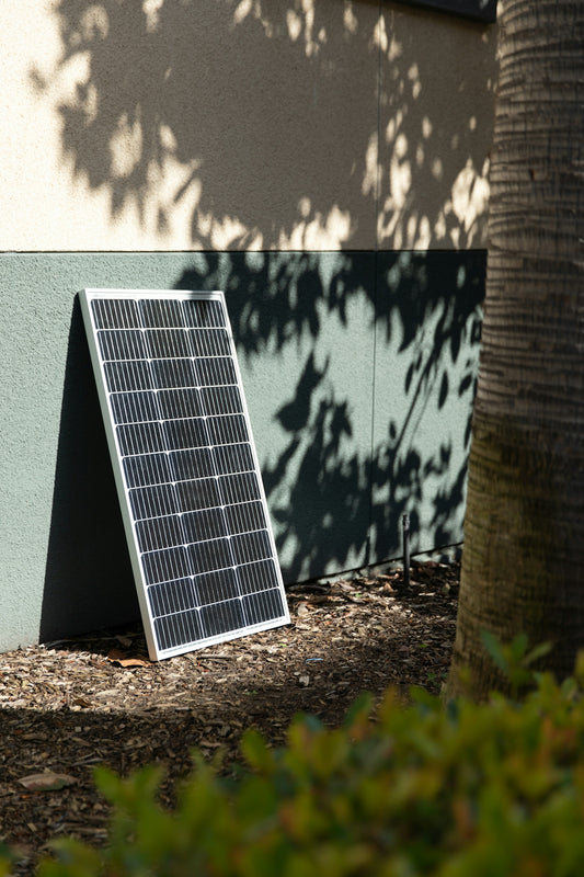a solar panel sitting next to a tree