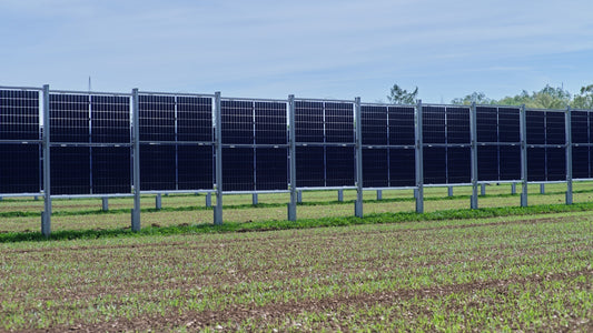 a row of solar panels in a field