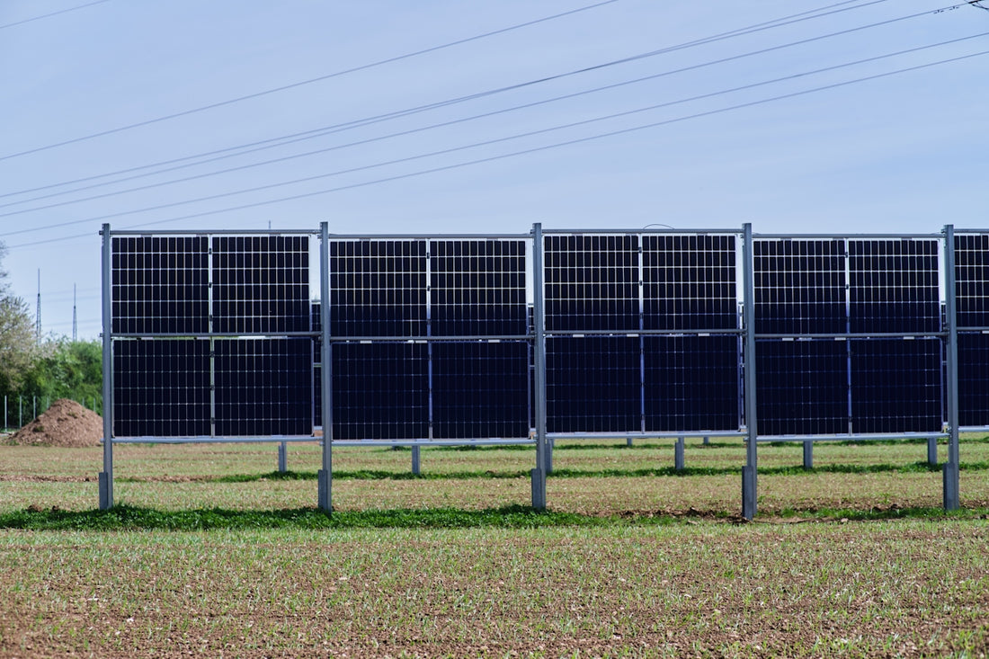 a row of solar panels in a field