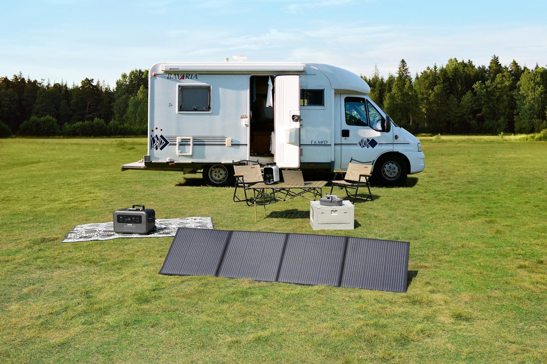 a food truck parked in a field with a solar panel on the ground