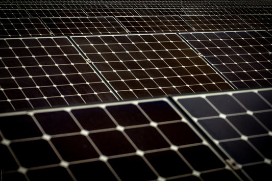 Solar panels are arranged in a vast array.