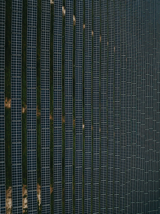 Aerial view of a large solar panel farm